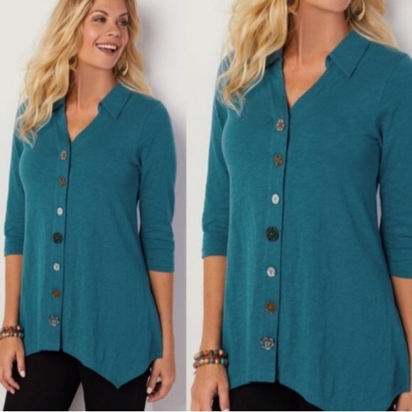 Soft Surroundings Danielle Button Down Asymmetrical Navy Tunic Top Blue Size XS - Picture 7 of 7